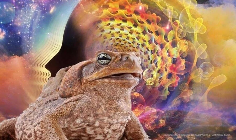 Un crapaud posé devant un fond de lumières et de motifs colorés
